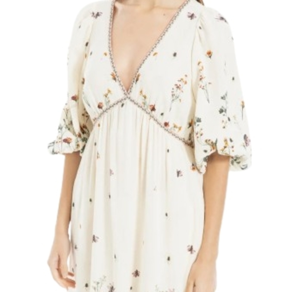 NWT Max Studio Plunge Neck Midi Dress Size S Yellow/Wildflowers Puff Sleeves - Picture 2 of 12